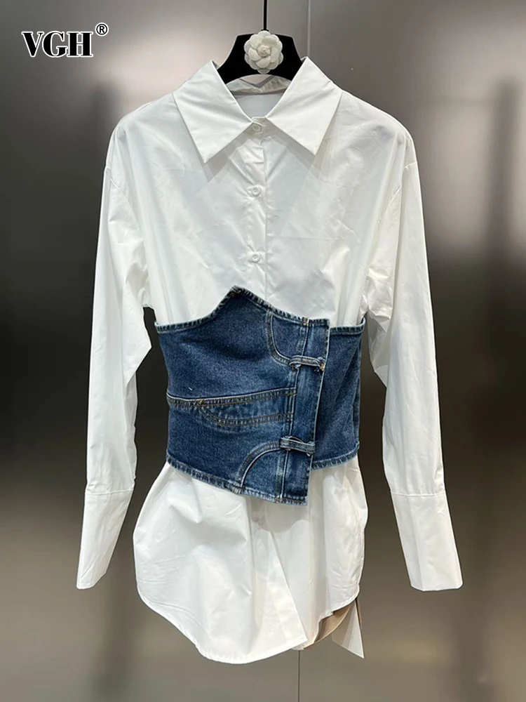 

Женская свободная рубашка с поясом VGH, цветная туника с отложным воротником и длинным рукавом, однобортная Повседневная Блузка в стиле пэчворк