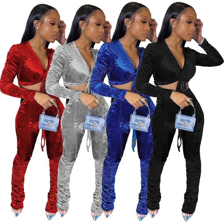 

Sexy Stacked Pants Velvet Tracksuit 2 Pieces Sets Women Long Sleeve Deep V Neck Drawstring Crop Top Winter Outfit Clothes 2021