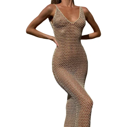 Женское вязаное бикини-накидка, Сетчатое пляжное платье без рукавов и с открытой спиной