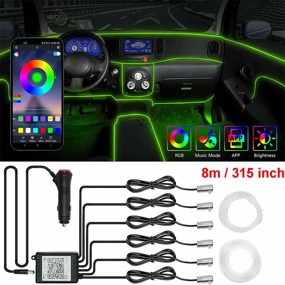 

6M/8M Car LED Interior Atmosphere Lights Universal RGB Ambient Light Optic Fiber APP Music Control Auto Decorative Neon Lamp