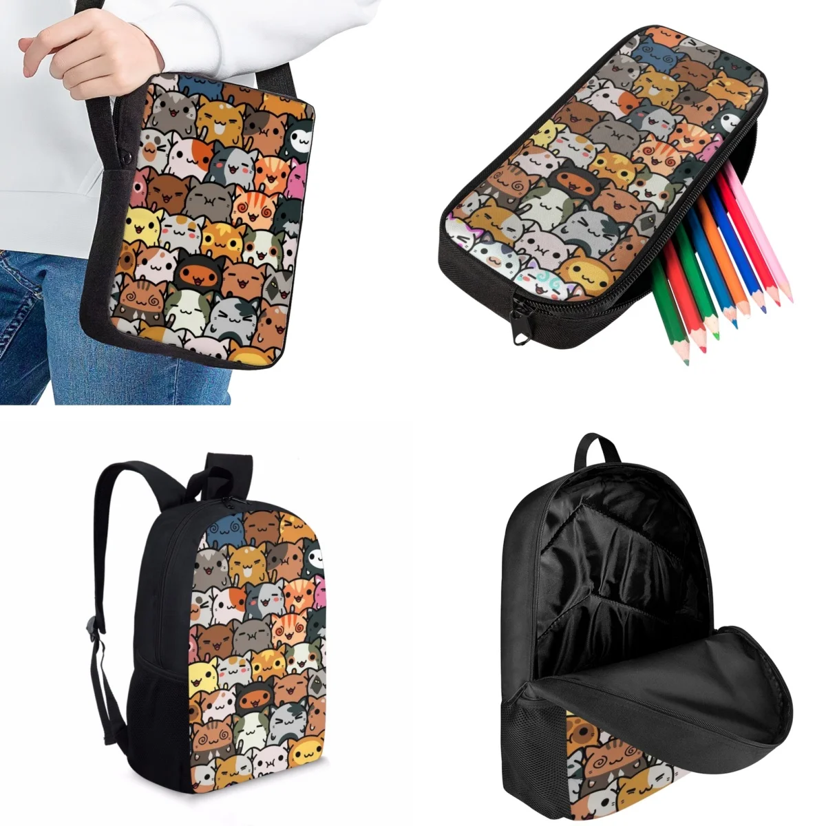 Jackherelook Cartoon Cat Pattern Printing Cute Children's School Bag Set Fashion Student Travel Backpack Daily Casual School Bag