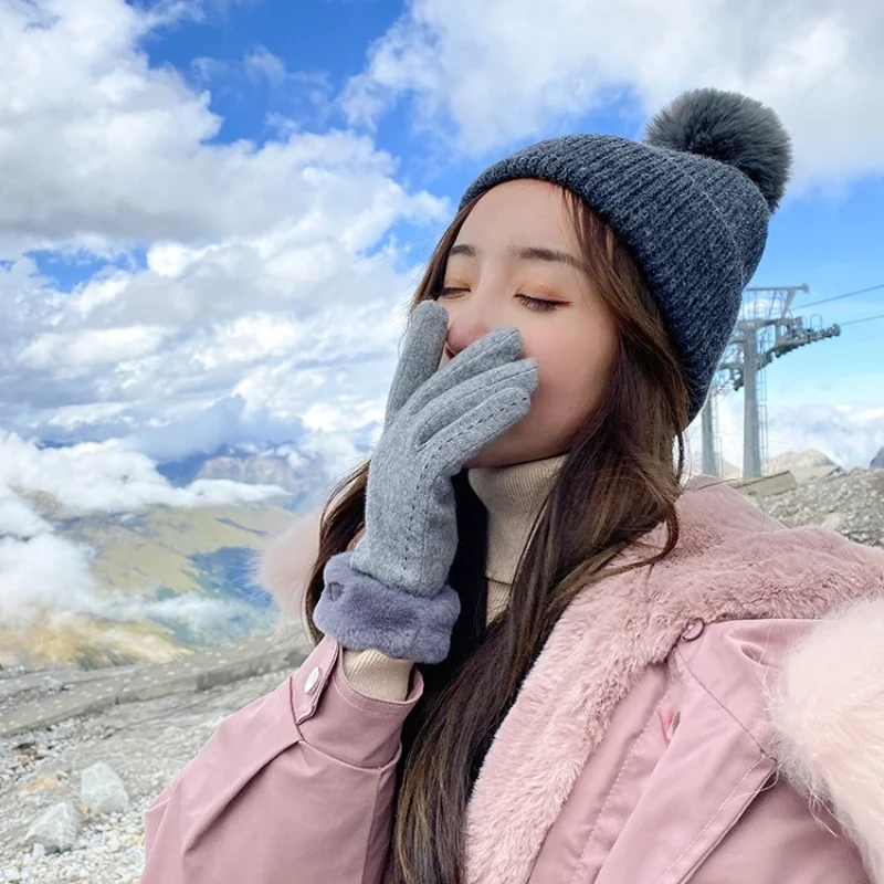 

Gloves Women's Winter with Cashmere Thickened Warm Wool Gloves Cashmere Korean Cute Student Touch Screen Bike Driving Gloves