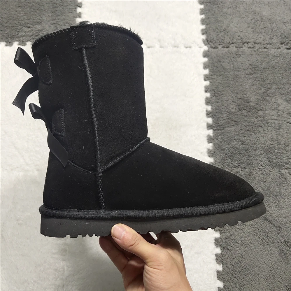 

Cowhide Leather Short plush Fur Lined Women Short Mid-Calf Winter Suede Snow Boots with Bowknots Mink Tassels Warm Shoes 43 44