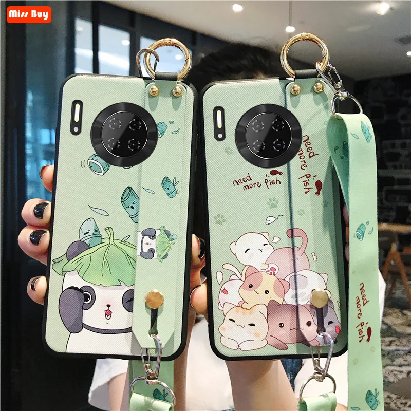 

Cute Cartoom Panda Cat Wrist Band Bracket Crossbody Lanyard Case for Huawei Mate 40 Pro Soft Silicon Back Cover Protective Shell