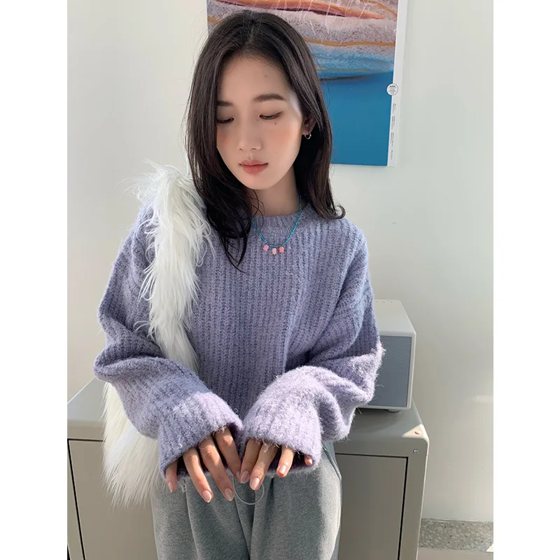 

Korobov Y2k Vintage Gentle Sweater Long Sleeve Top Solid Color O Neck Pullover Lazy Style Knitwears Korean Fashion Sueter Mujer