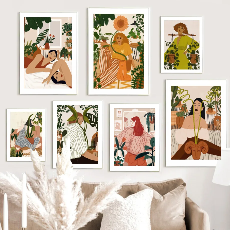 

Lady Astrology Cute Zodiac Star Sign Botanical Wall Art Canvas Painting Posters And Prints Wall Pictures For Living Room Decor