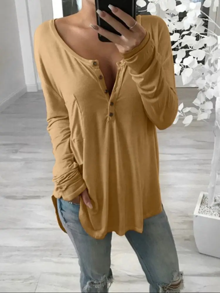 Женская Офисная рубашка оверсайз, модные однотонные футболки, вязаные топы с длинным рукавом, блузы ZANZEA, весна-осень, Женские повседневные ф...