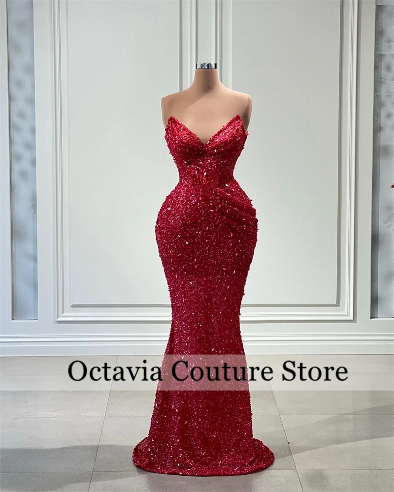 Блестящее красное вечернее платье без бретелек Роскошные вечерние платья