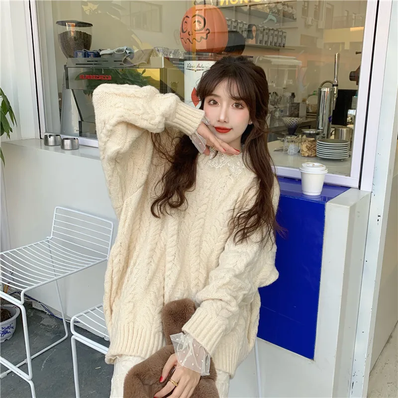 

GBB1269 022 New Korean Design Fashion Soft Waxy Solid Loose fried dough twist Long Sleeve Knitted Sweater Women Fashion