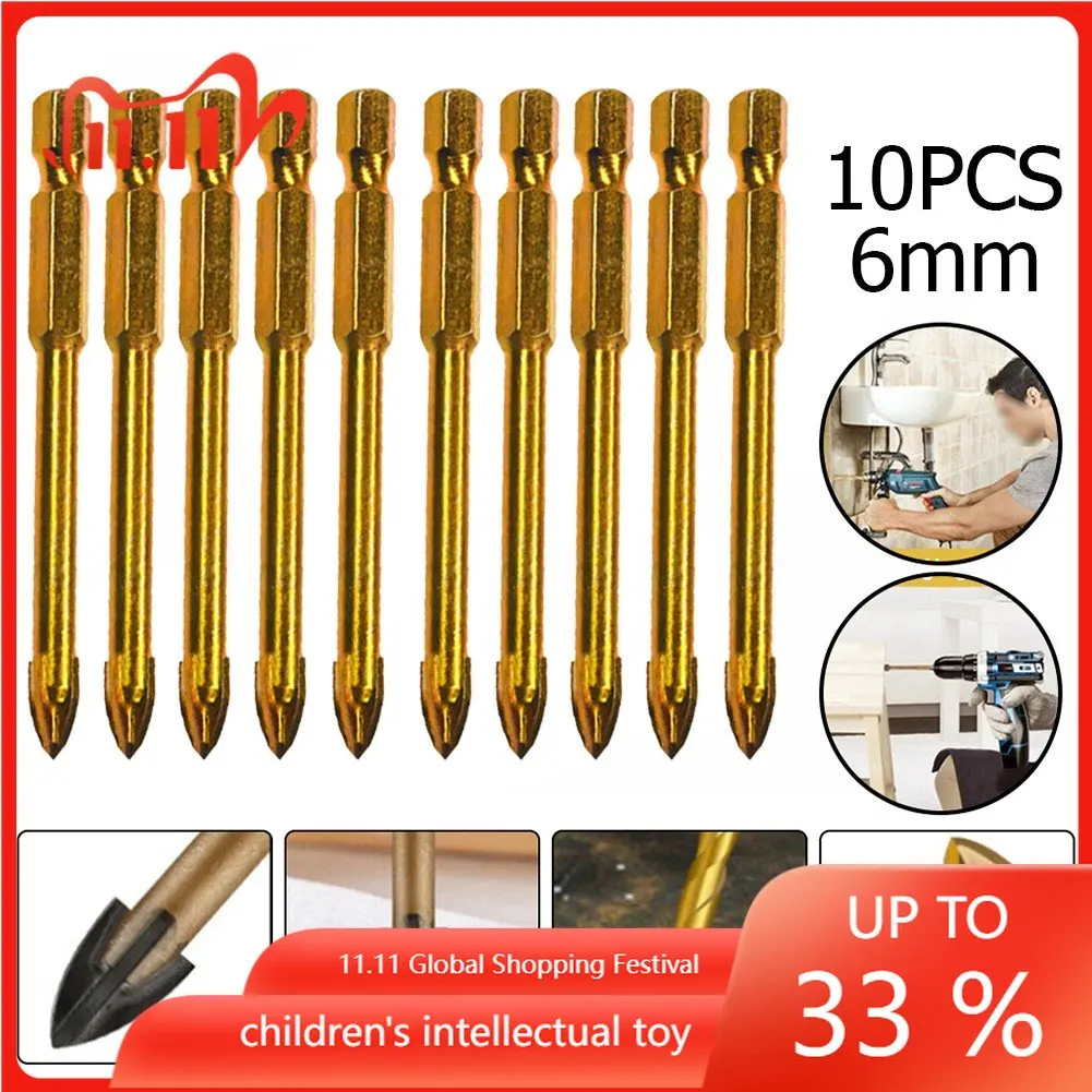 

10pcs 6mm Glass Opening Drill Wood Metal Plastic Cross Drill Hexagonal Handle Power Tool Set Ceramic Tile Glass Drill