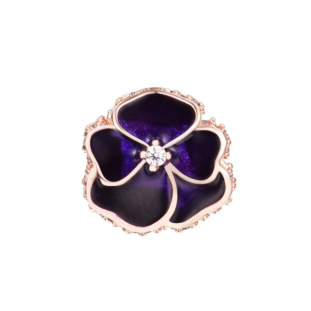 

2022 New Fits Europe Bracelets Deep Purple Pansy Flower Charms 925 Sterling Silver DIY Beads for Jewelry Making Accessories