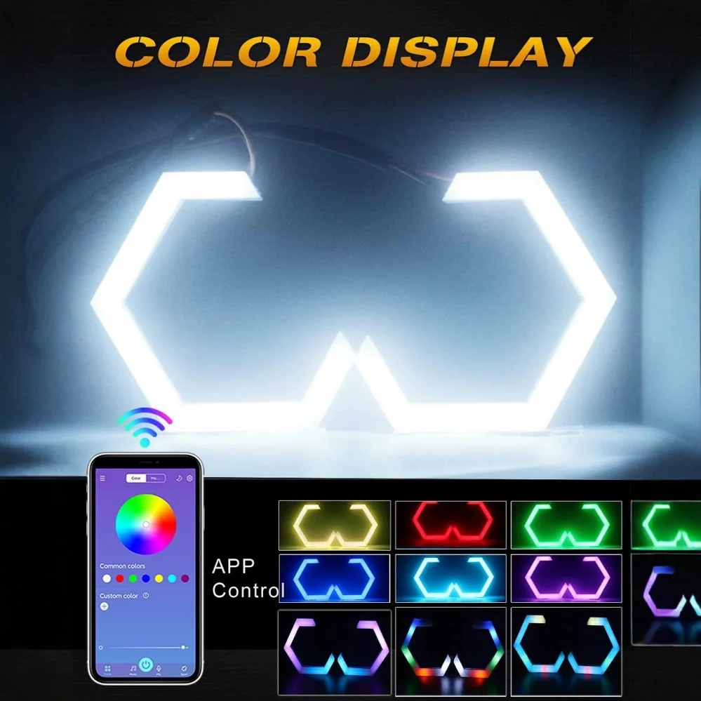 Фото 2 шт. RGB APP Control Hexagon Angel Eyes Halo Rings Модернизированная фара автомобиля Мотоцикл Белый DRL + Янтарный указатель поворота 12 В 24 В №3