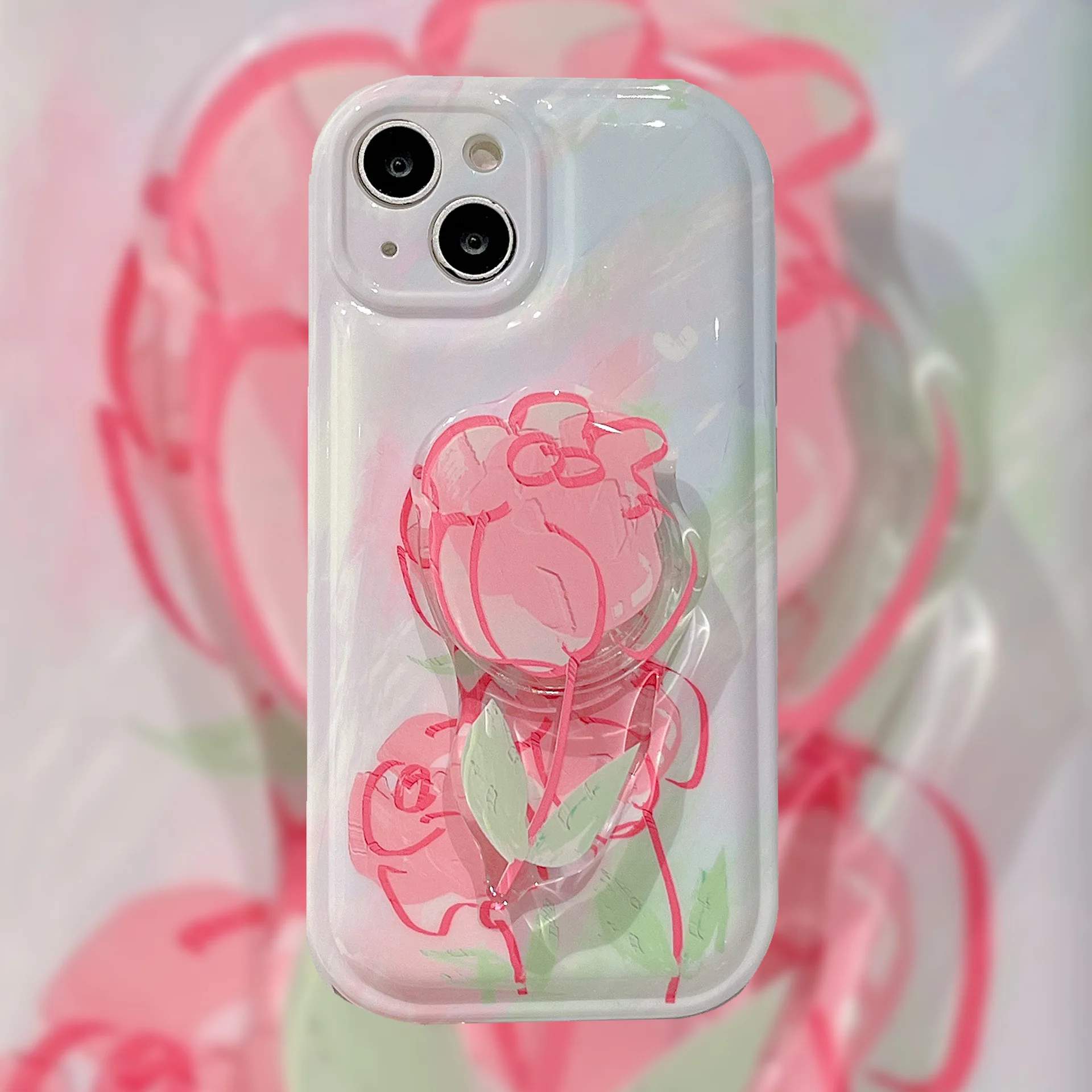 

ins Oil Painting Rose Bracket Phone Case For iPhone 12 13 11 Pro Max X Xs Xr Anti-fall Air Cushion Round Hole Cases Cover