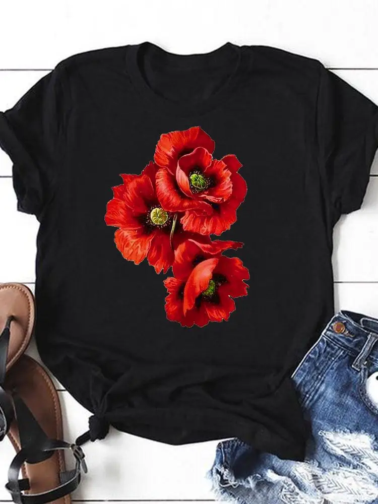 

Женская футболка с коротким рукавом, летняя черная футболка с цветочным принтом