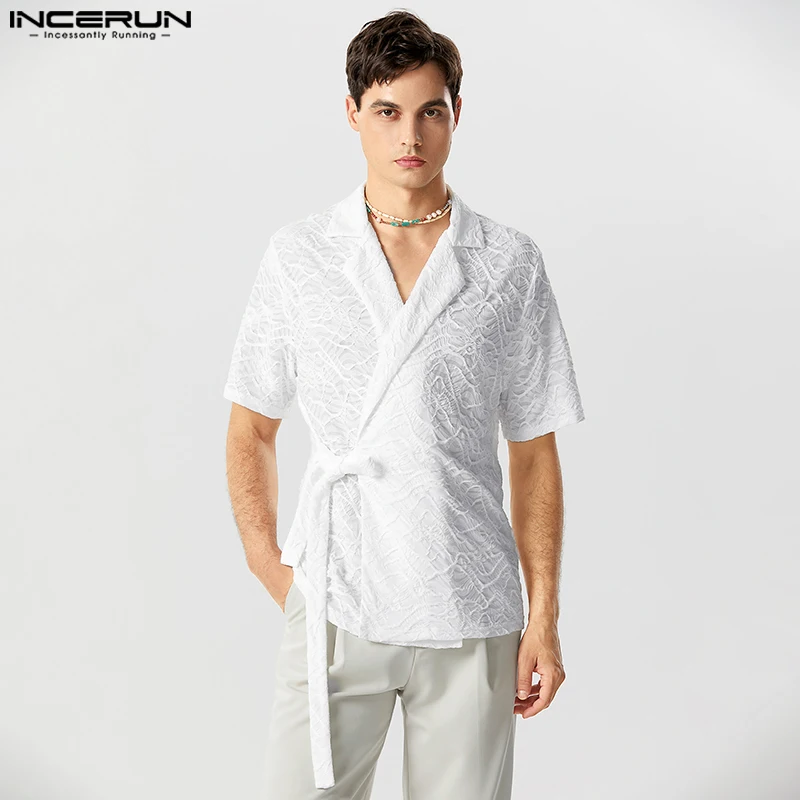 

INCERUN Топы 2023 красивые новые мужские модные дизайнерские рубашки с ремешками, Повседневная Уличная одежда, однотонная блузка с коротким рукавом и отложным воротником