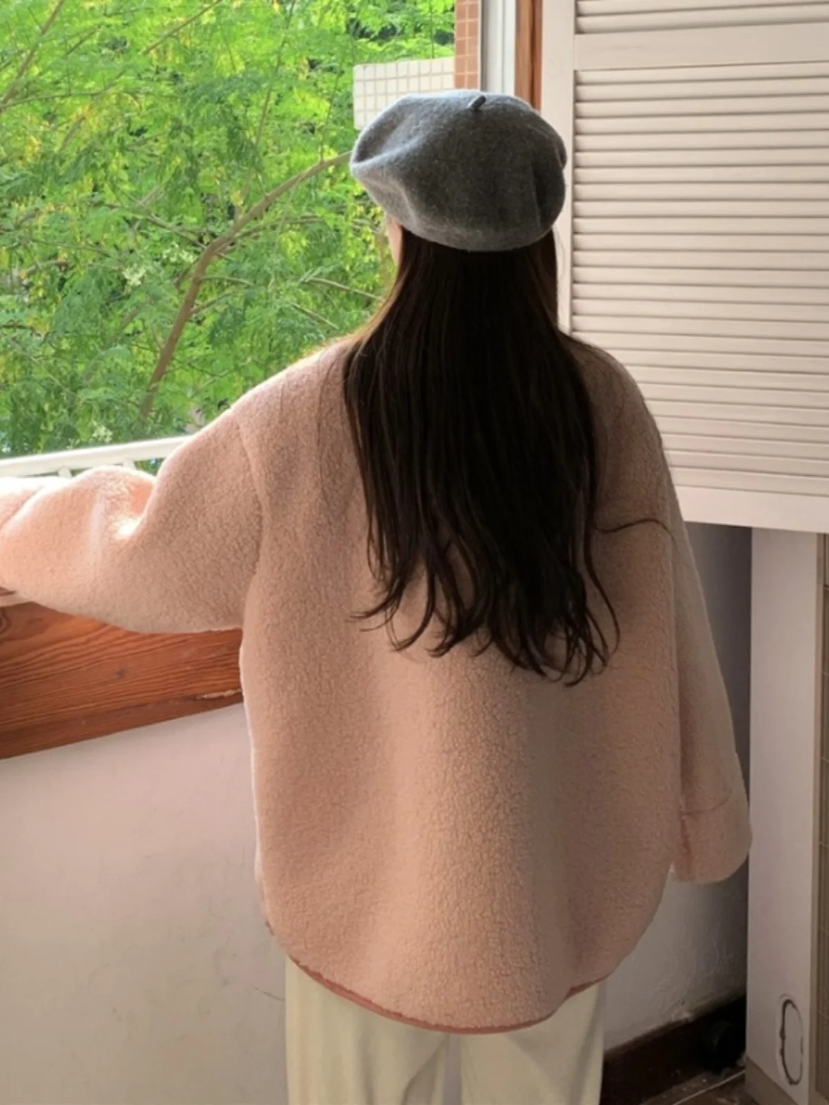 Японская мода Розовая верхняя одежда из овечьей шерсти с v-образным вырезом