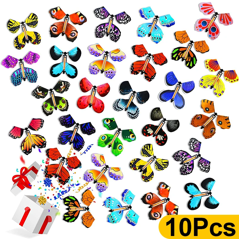 10pcs Magic Flying Butterfly Wind Up Butterfly Fairy Flying Toys Winding Rubber Band Toy Color Bookmark Party Great Surpris Gift