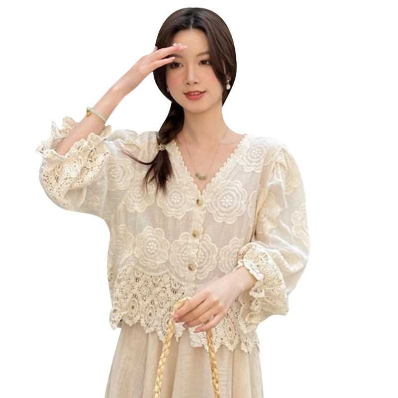 

Women's Sexy Lace Crochet Cardigan 3/4 Sleeve Open Front Casual Loose Shrugs 57BD