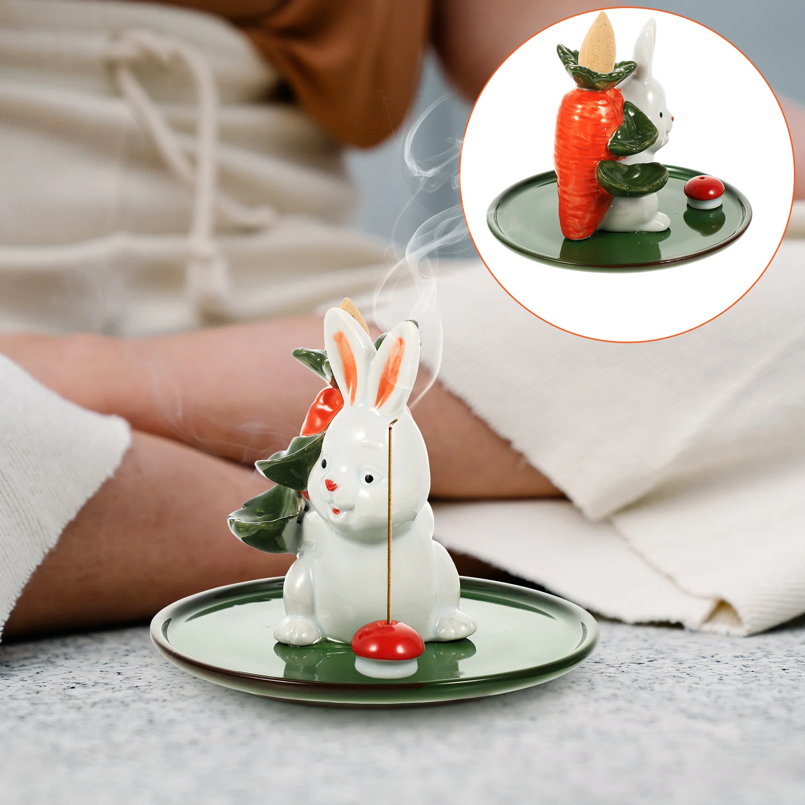 

Burner Holder Censer Ceramic Rabbit Tray Backflow Bunny Desktop Decoration Statue Catcher Ash Cone Sticks Waterfall Zodiac