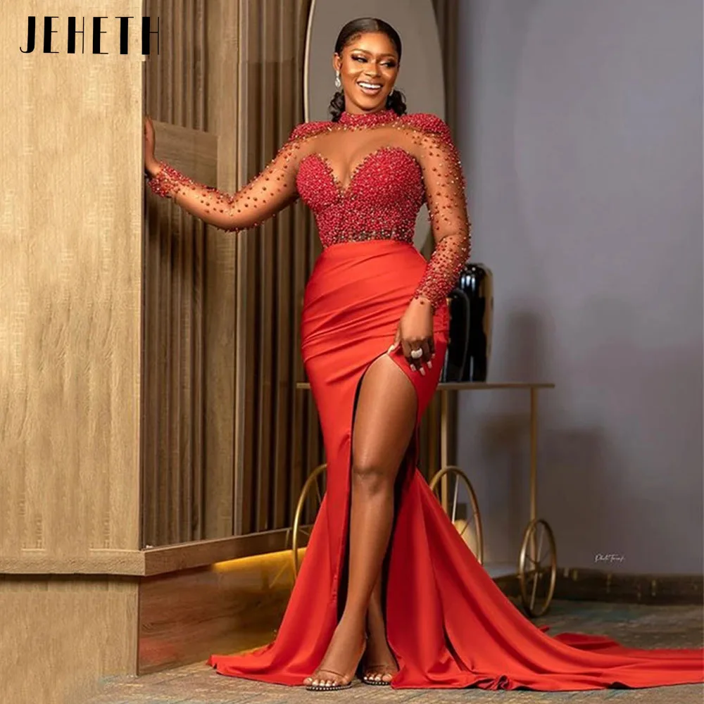 

JEHETH красные вечерние платья Русалка официальное женское элегантное вечернее платье с разрезом вечерние платья с бисером с длинным рукавом ...