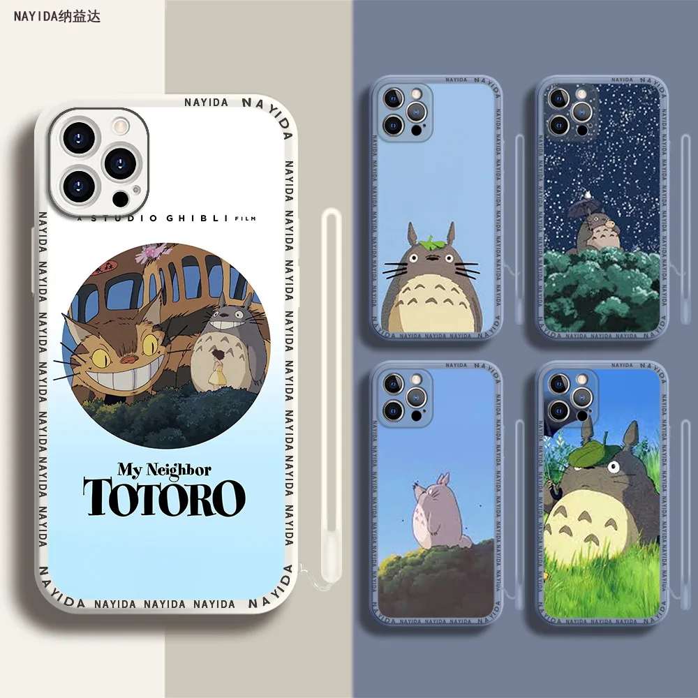 

Soft Silicone Phone Case For iPhone 14 13 11 12 Mini Pro Max XS XR X Blue Lanyard Cover Black Shell totoro