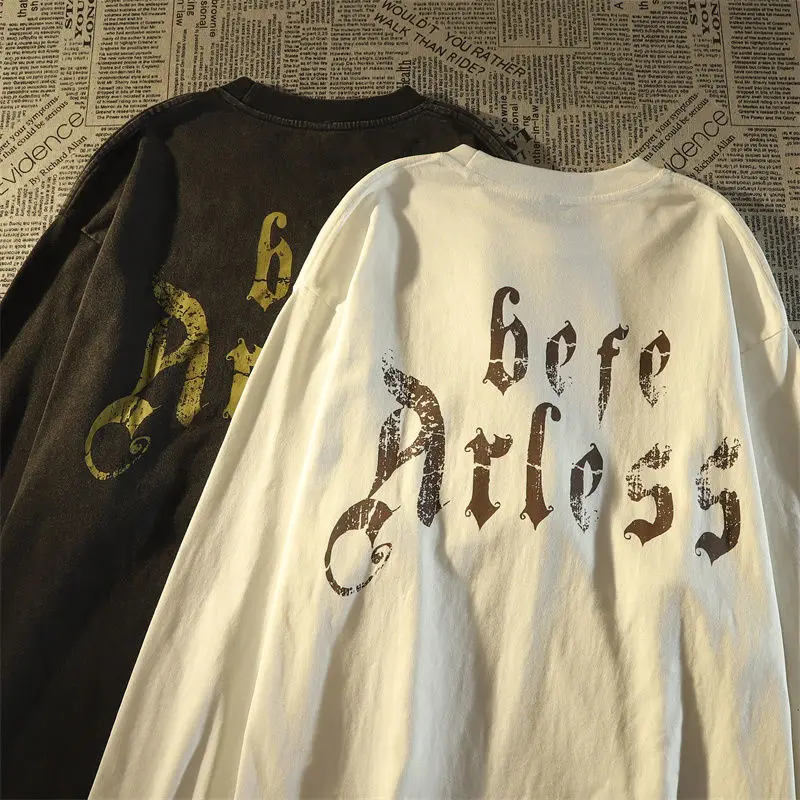 

INS Cotton American retro Cross Thin long sleeve T-shirt Men's and women's ins fashion loose dark couple's top