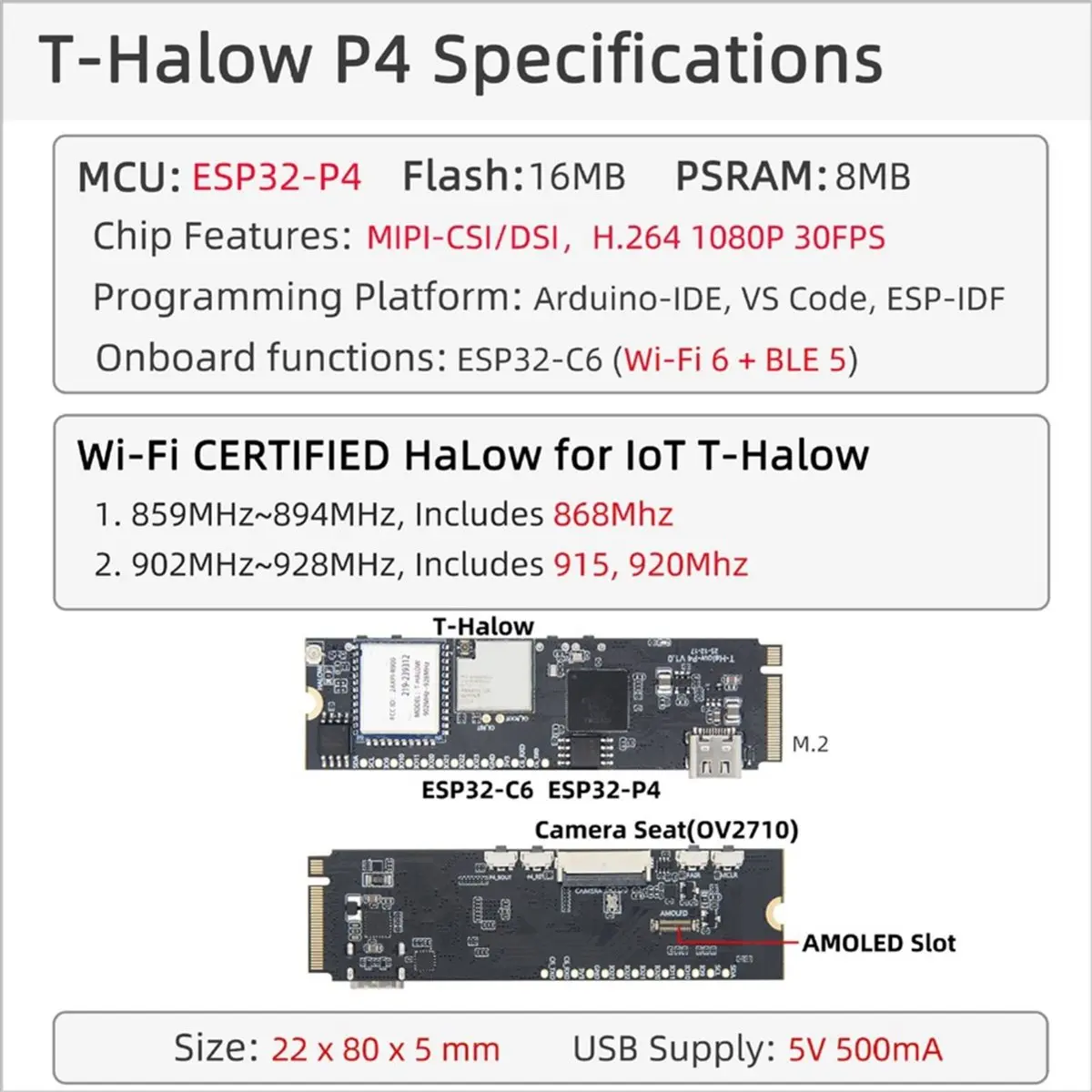 Фото Новая плата разработки T-Halow P4 -P4 WiFi HaLow 2026 года - Модуль IoT C6 M.2 с WiFi 6, BLE 5, камерой, AMOLED-дисплеем, 915 МГц №2