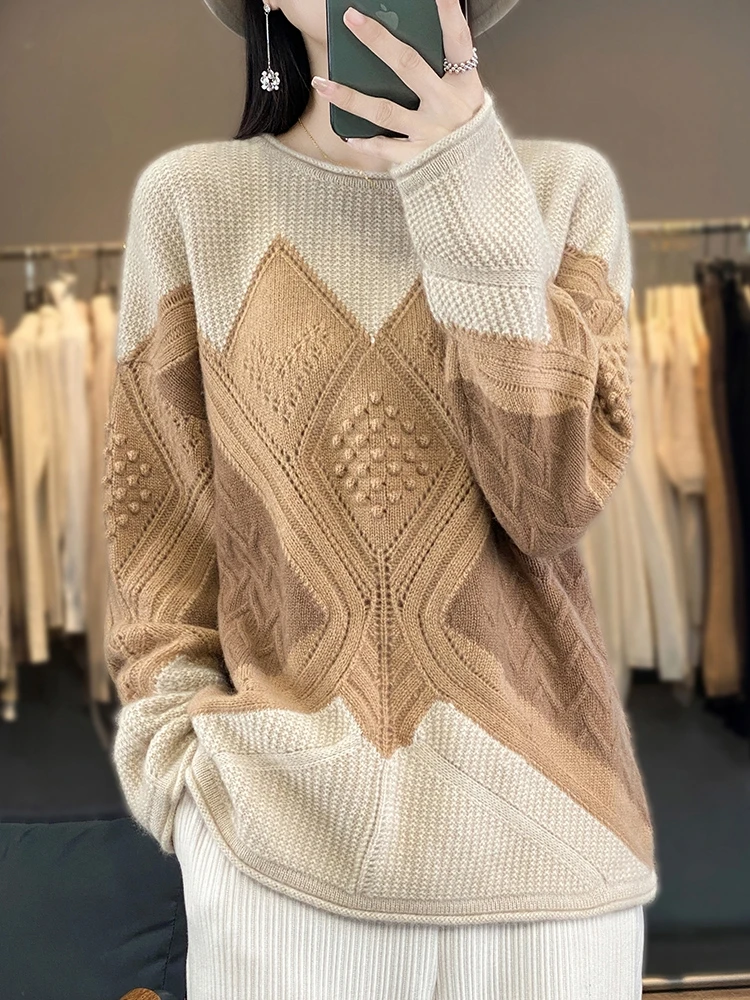 

Женский однотонный кашемировый свитер, свободный жаккардовый свитер контрастных цветов в стиле ретро, Осень-зима 100