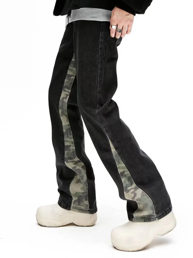 American Retro Stitching Camouflage Jeans Men's Comfortable Loose Jeans VIBE Style Micro -flared Pants Long Pants Men's Clothing