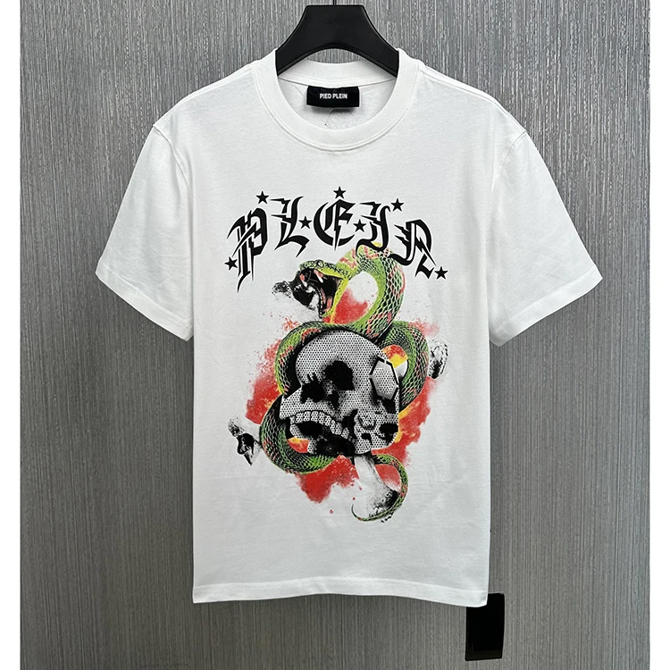 

2023 Loose Fit Short Sleeve T-shirt Men's Skull Head Snake Hot Diamond European Fashion plein Trend Summer Pure Cotton T