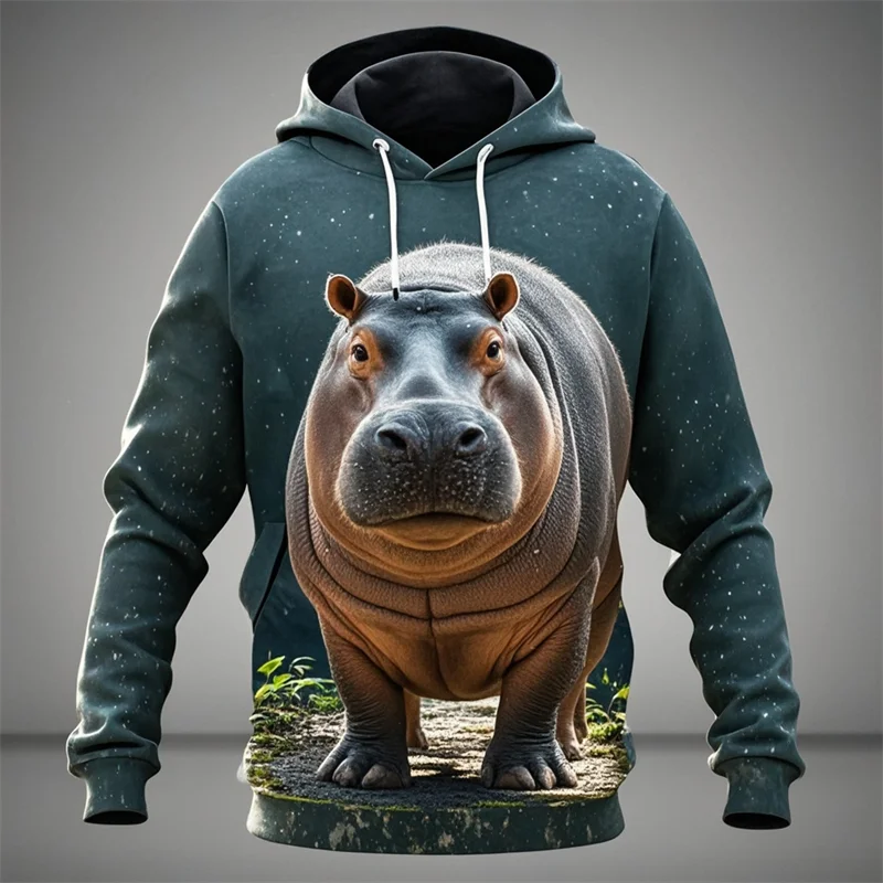 Фото New Fashion Animal Hippopotamus 3D Printed Unisex Hoodies Personality Casual Cute Pigmy Hippopotamus Oversize Sweatshirts Tops №2