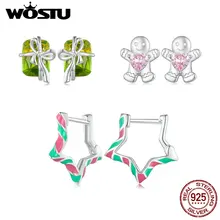 WOSTU 925 Sterling Silver Merry Xmas Gift Rainbow Star Earrings Crystal Gift Box Studs Christmas Pink Gingerbread Man Earring