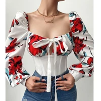 2022 womens printed shirt long sleeve top puff sleeve square neck bandage ladies elegant tunic top womens tops and blouses