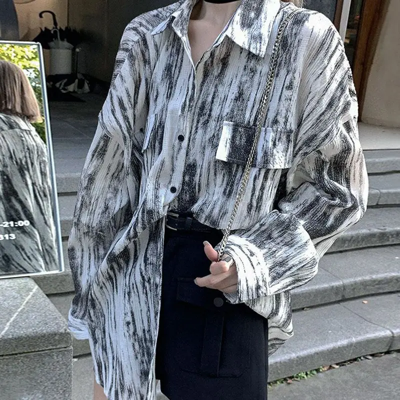 

Tie Dyed Shirt for Women Spring Autumn New Retro Loose High Street Oversize Shirts Tops Fashion Causal Blouses Long Sleeve Tees