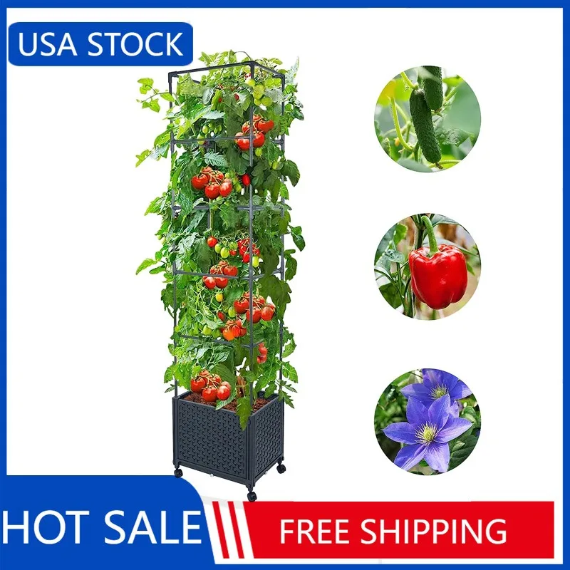 

67.6" Outdoor Raised Garden Bed Planter Box with Trellis for Climbing Vegetables Plants, Tomatoes Planters Tomato Cage w/Wheels