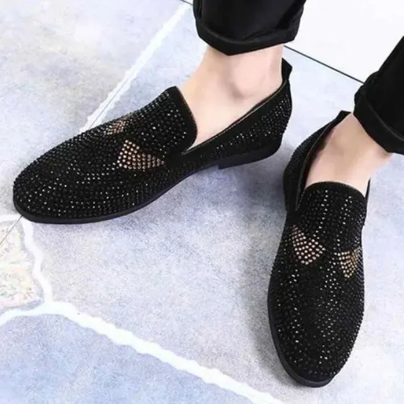 High Quality Summer Men Suede Leather Flats Crystal Rhinestone Zapatos Vestir Hombre Men Creeper Shoes Fashion Slip On Loafer