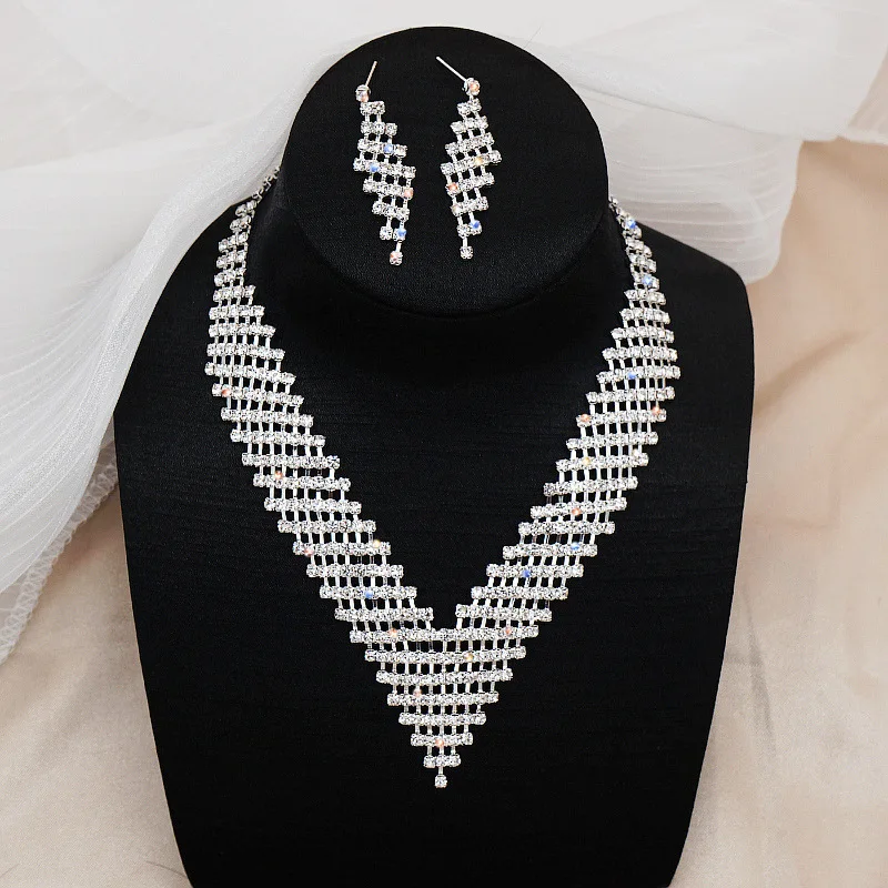 

Ladies Jewelry Set 2 Piece Sets European and American Bridal Diamonds Full of Flash Diamonds Tassel Necklace Clavicle Chain