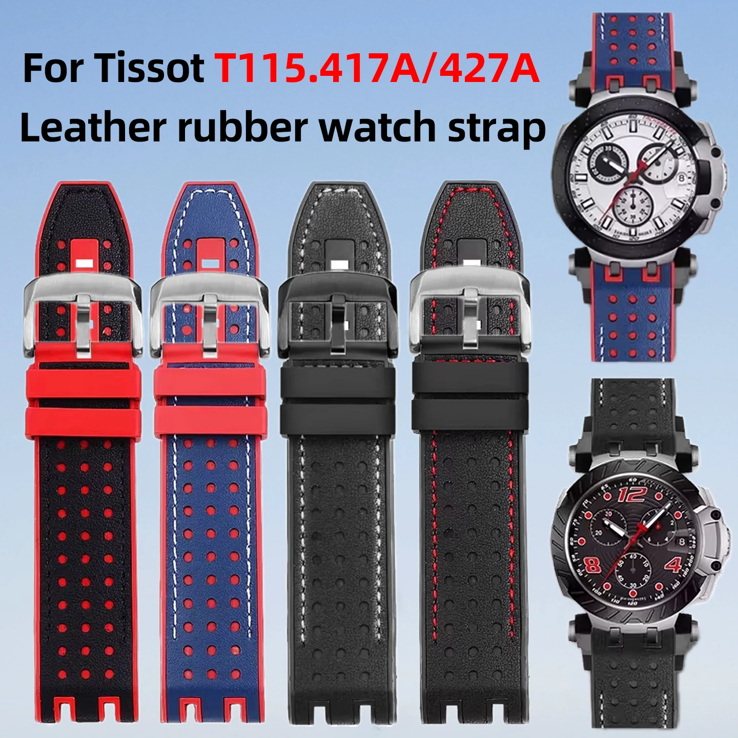 Фото Ремешок из натуральной кожи T115417, 22 мм, для часов Tissot T-sport Racing T115.417 Moto GP, с резиновой подкладкой, аксессуары для ремешков для часов. №1