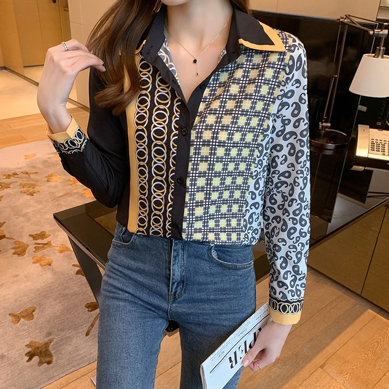 

Блузка женская шифоновая с длинным рукавом, Повседневная модная рубашка-поло свободного покроя с принтом, лето