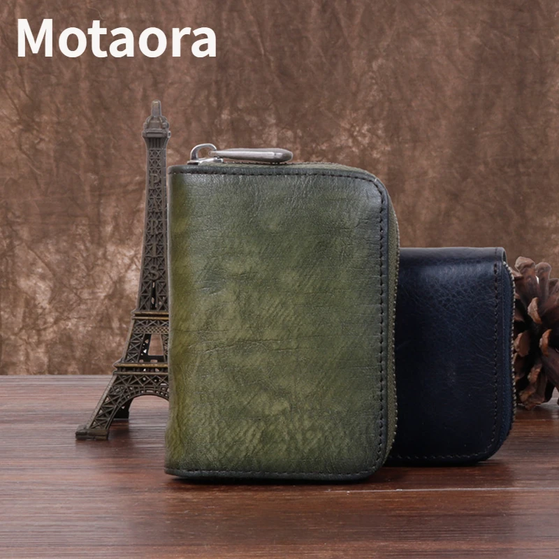 MOTAORA Men's And Women's Cowhide Wallet Retro Zipper Purse Change Card Key Bag Leather Square Small  Wallets Portable Coin Bags