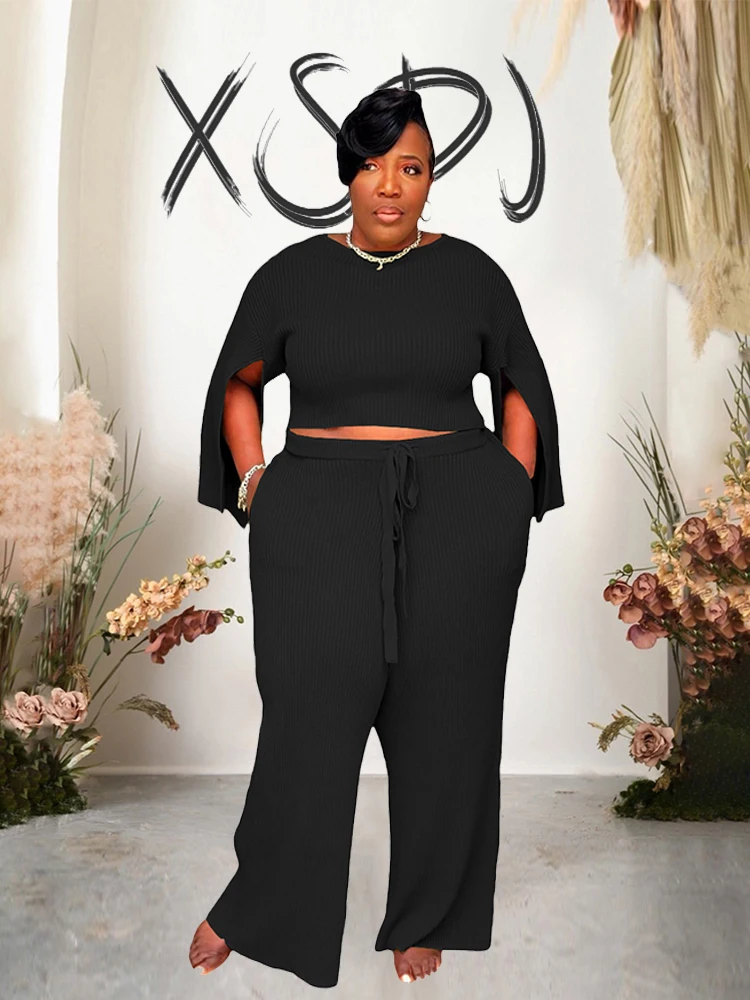 

150kg Plus Size Two Peice Set for Women Matching Sets Top with Sleeves Pants Suit Knitted Elegant Outfit Wholesale Dropshipping