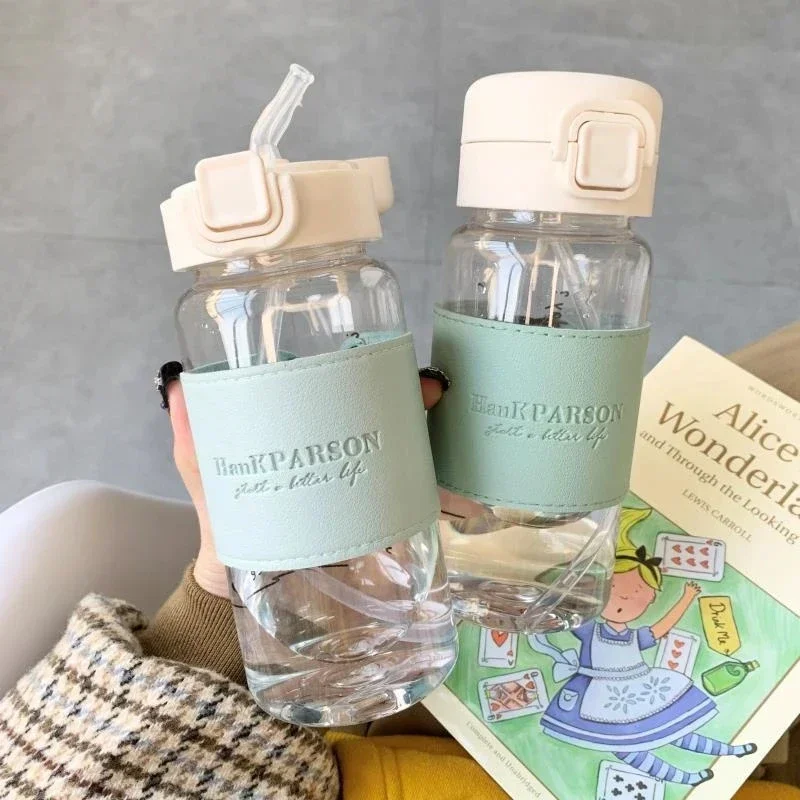 

1Pc Creative Water Bottle with Straw Portable Cute Plastic Drinking Bottle with Leather Leak-proof Drinkware Milk Coffee Glass
