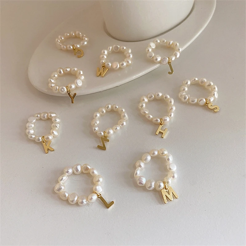 

Ailodo Elegant Freshwater Pearl Rings For Women Vintage Initial Letter Rings Party Wedding Fashion Jewelry Girls Gift 2022
