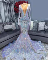 new sexy silver v neck mermaid prom dresses long sleeves african formal evening gowns graduation party dresses