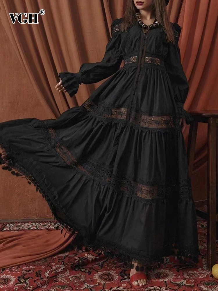 VGH Black Vintage Dress For Women V Neck Lantern Sleeve High Waist Lace Trim Hem Cut Out Solid Long Dresses Female Clothing 2022