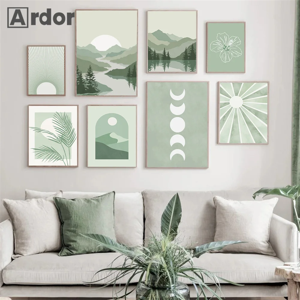 

Abstract Landscape Mid Century Poster Sun Moon Boho Scene Canvas Painting Green Print Nordic Wall Art Pictures Living Room Decor