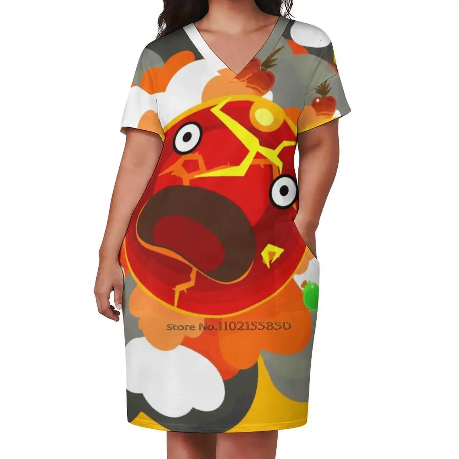 Женское платье с V-образным вырезом свободное карманами