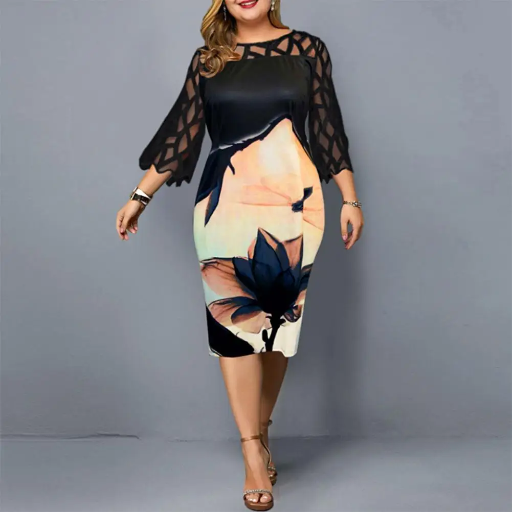 

O Neck Women for Party Bodycon 3/4 Sleeve Dress Knee-length Floral Print Mesh Patchwork for Party
