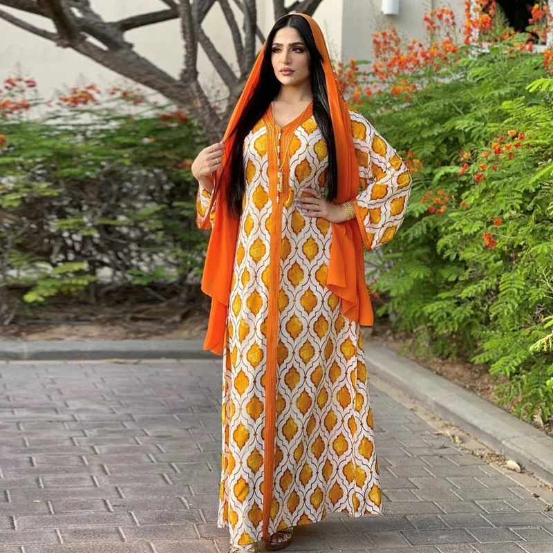 

Eid Dubai Abaya Jalabiya Maxi Dress for Women Long Sleeve Loose Robe Orange Printed Muslim Kaftan Islam Arabic Turkey Clothes
