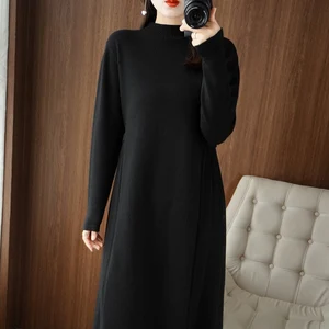 Women's long-sleeved cashmere wool half-height vintage sweater dress Women's winter Chinese warm casual dress cashmere dress